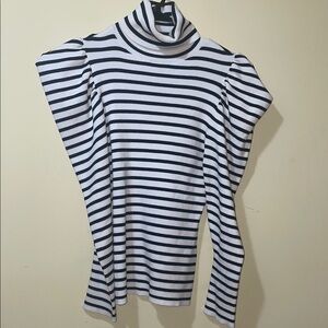 Womens A.L.C. Puffed Sleeve Black and White Striped Turtleneck Sweater
